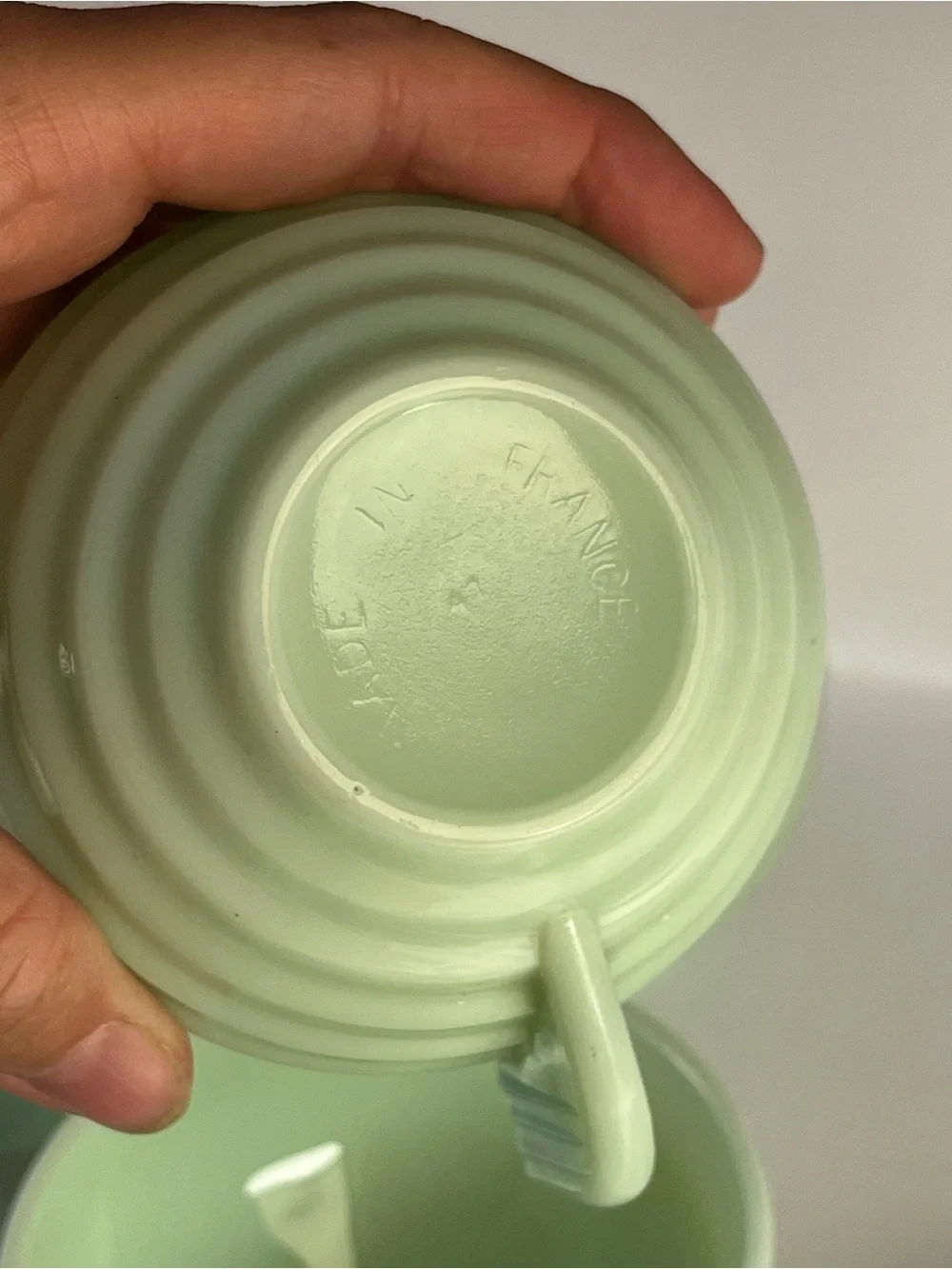 Vintage Jadeite Cup Set 7 Art Deco Style Ribbed Milk Glass Coffee Cups - FRANCE